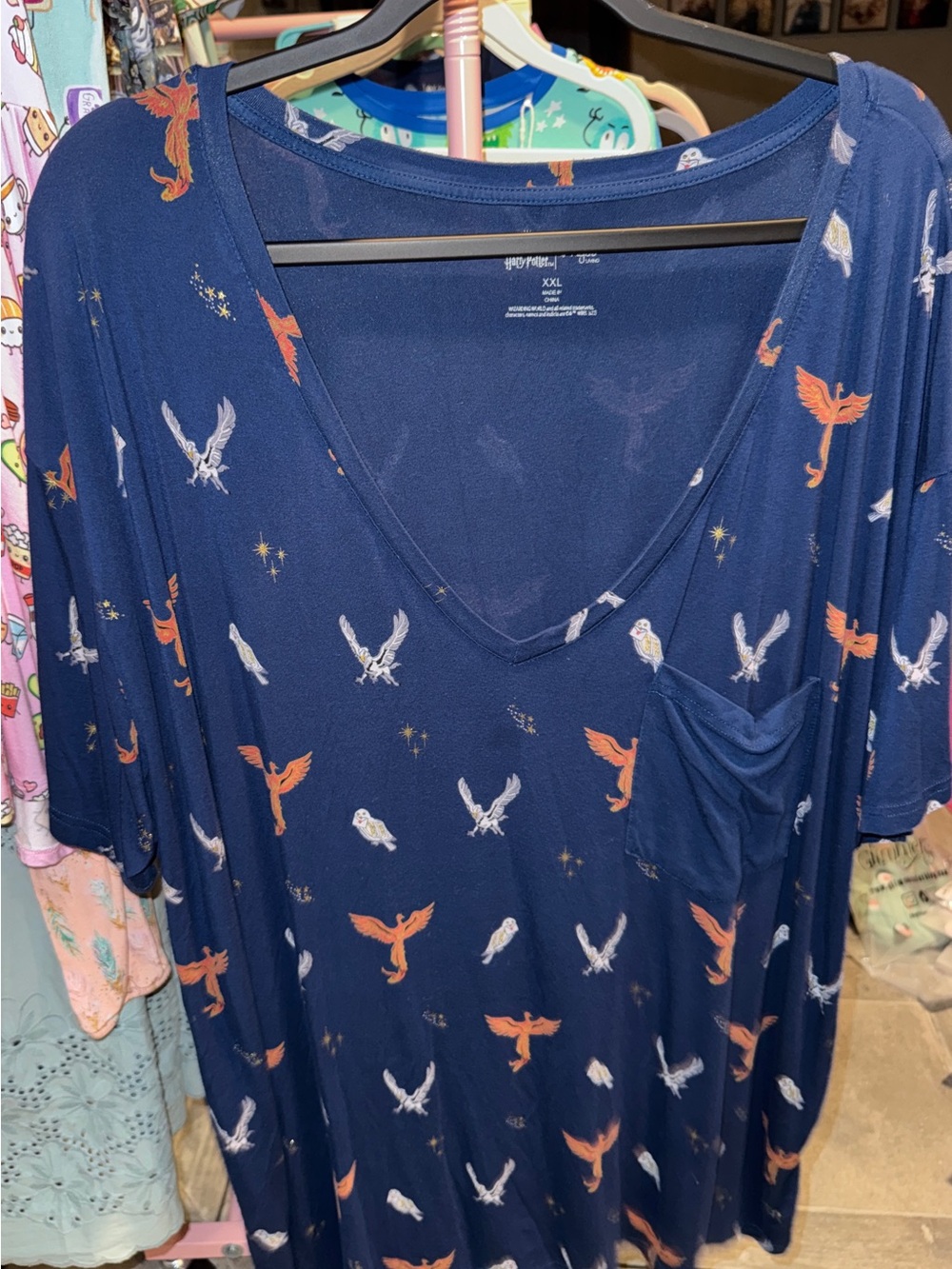 Kyte BABY Navy Short Sleeve V-Neck Pocket Tee with Orange and White Bird Print